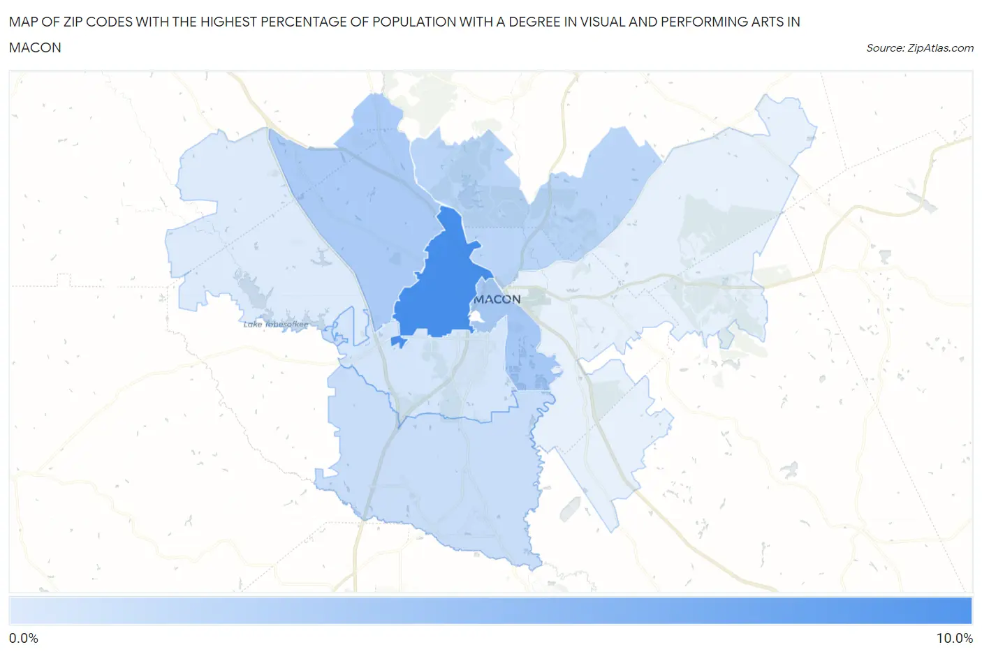 Zip Codes with the Highest Percentage of Population with a Degree in Visual and Performing Arts in Macon Map