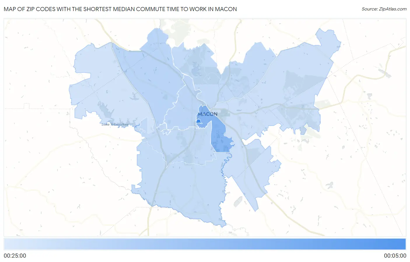 Zip Codes with the Shortest Median Commute Time to Work in Macon Map