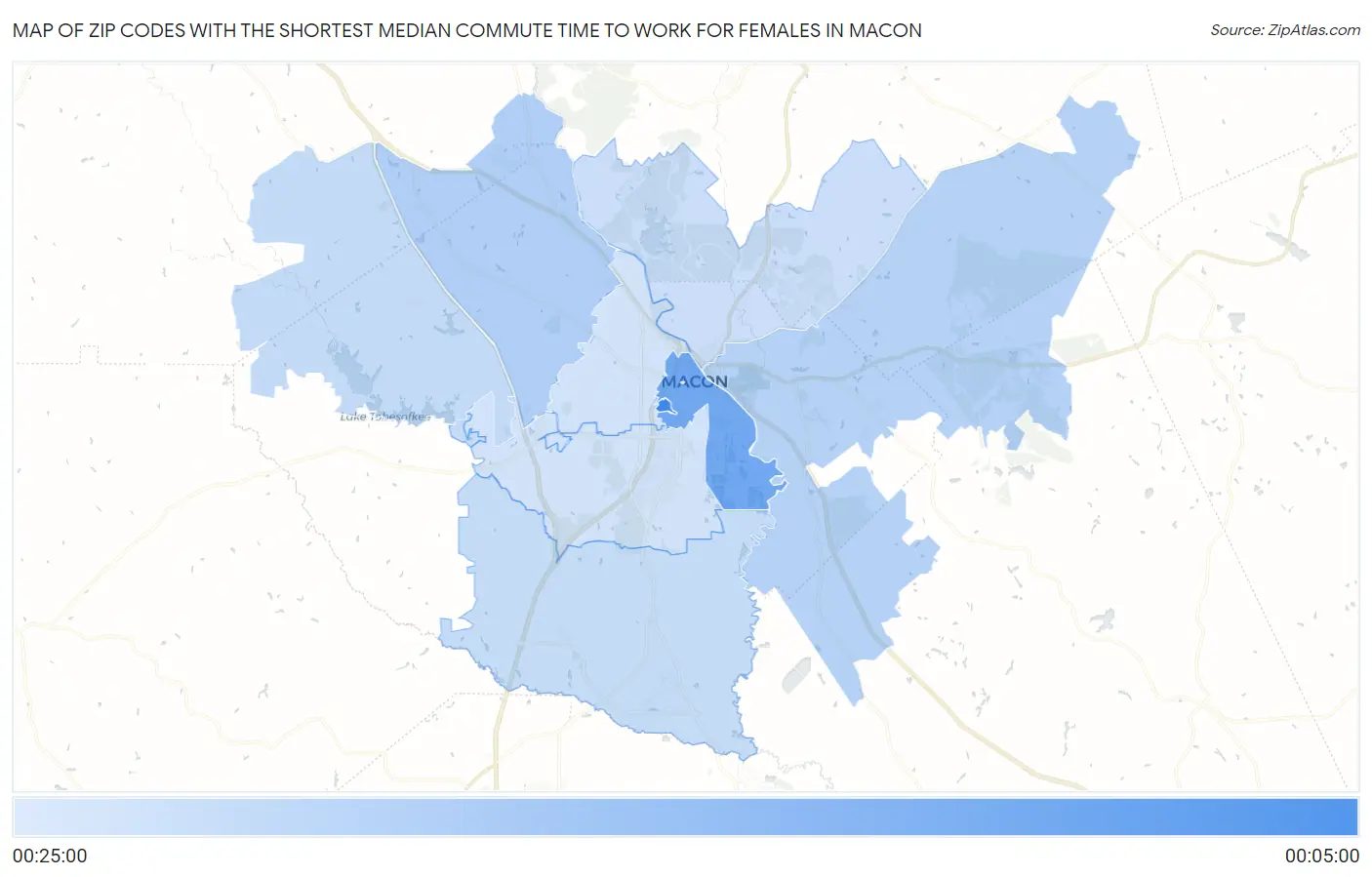 Zip Codes with the Shortest Median Commute Time to Work for Females in Macon Map