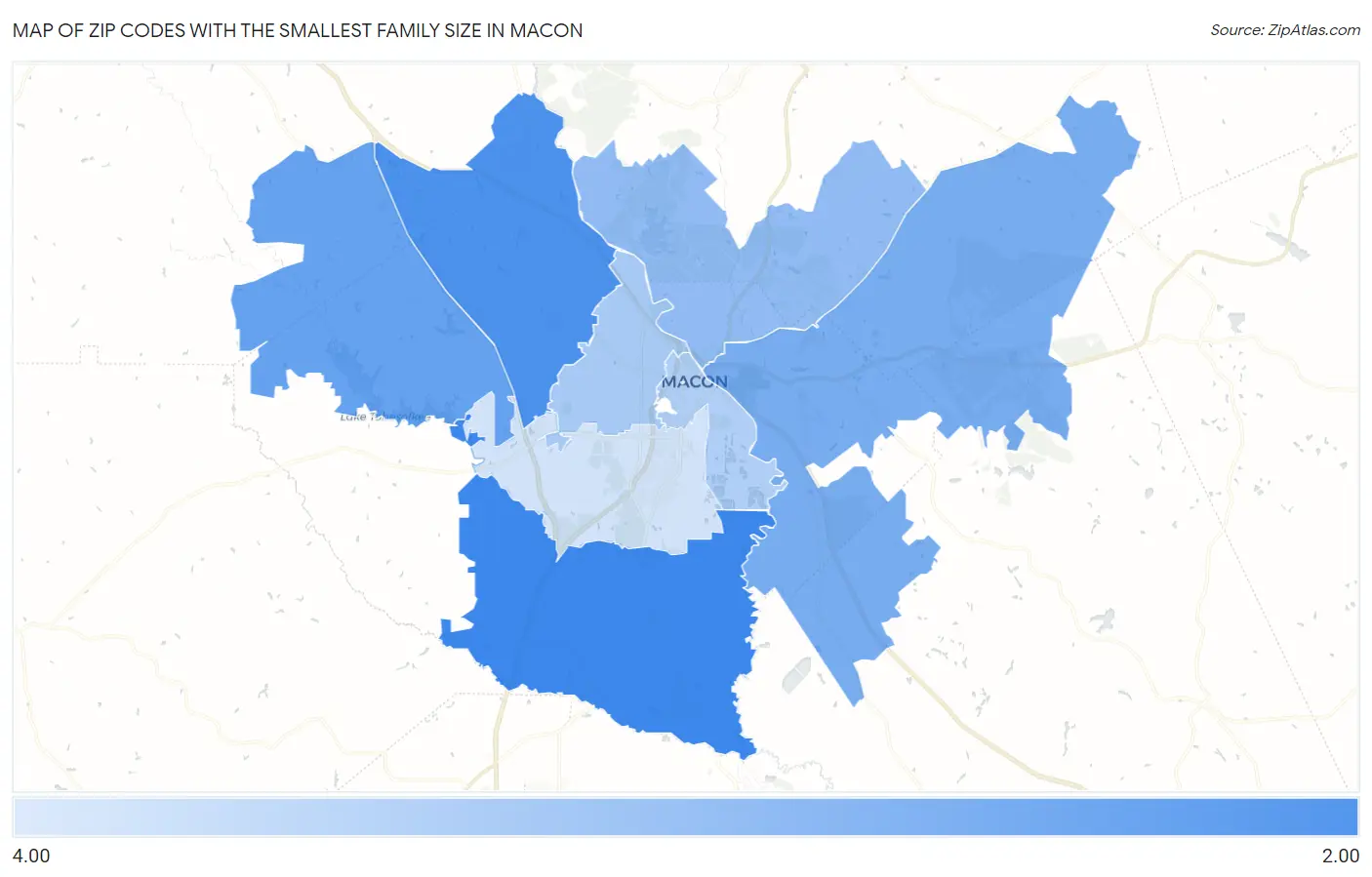 Zip Codes with the Smallest Family Size in Macon Map