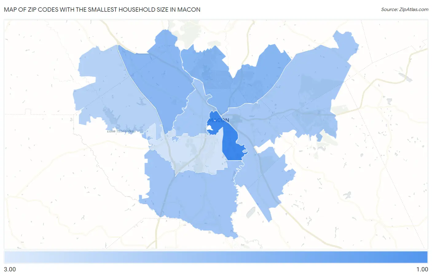 Zip Codes with the Smallest Household Size in Macon Map