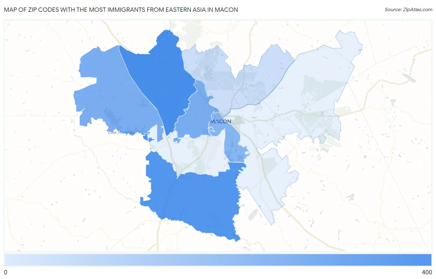 Zip Codes with the Most Immigrants from Eastern Asia in Macon Map