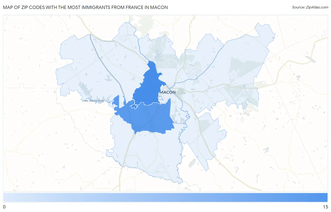 Zip Codes with the Most Immigrants from France in Macon Map