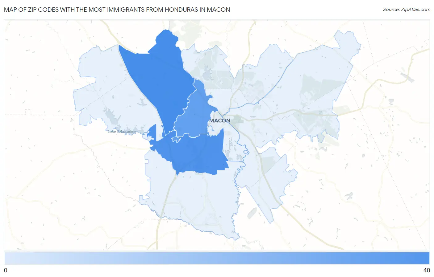 Zip Codes with the Most Immigrants from Honduras in Macon Map