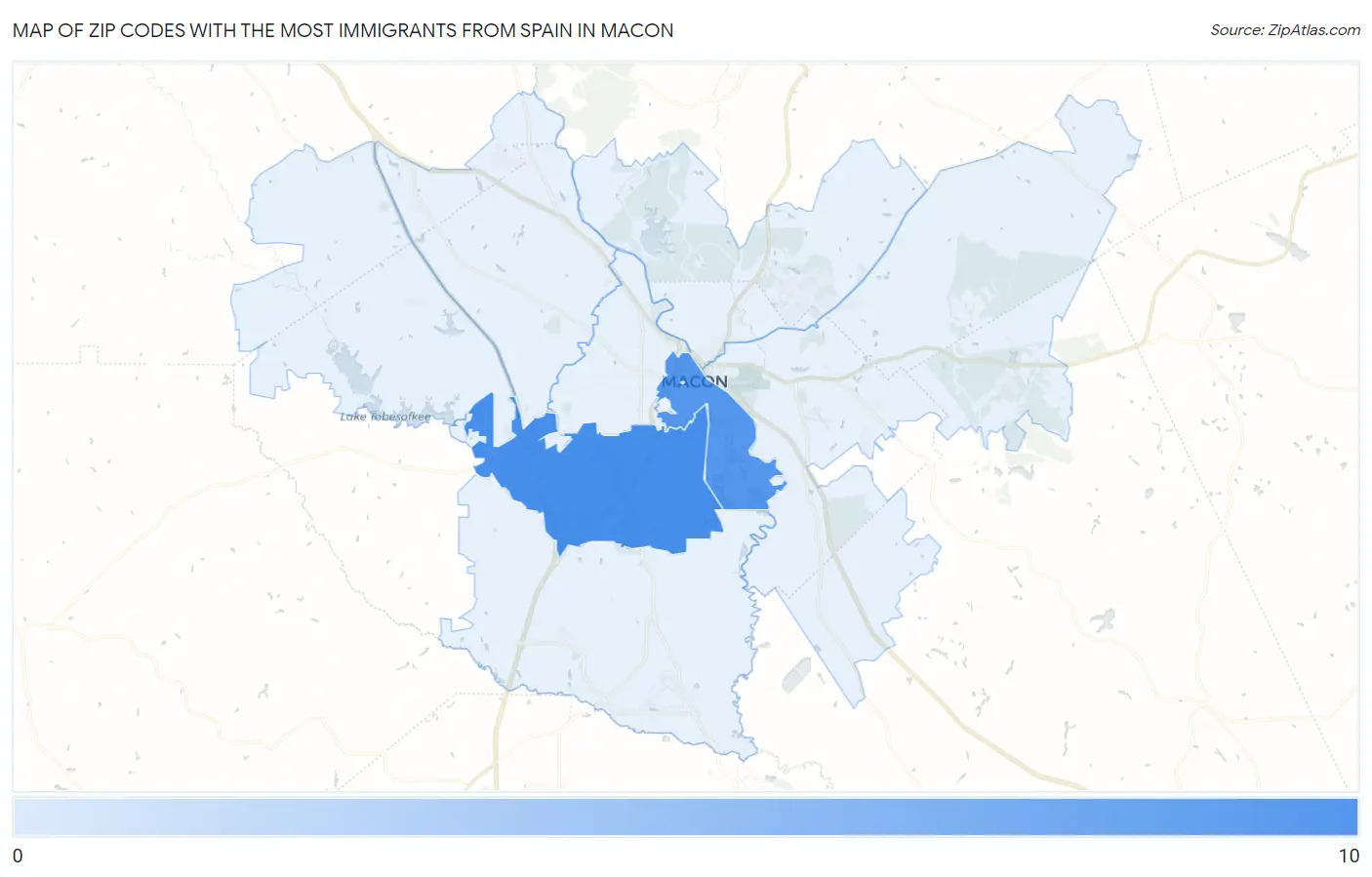 Zip Codes with the Most Immigrants from Spain in Macon Map