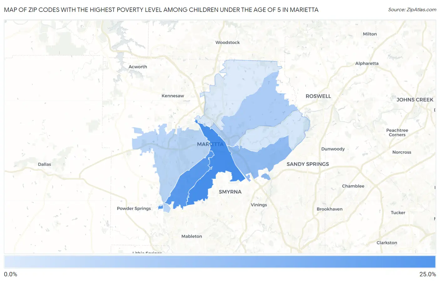 Zip Codes with the Highest Poverty Level Among Children Under the Age of 5 in Marietta Map
