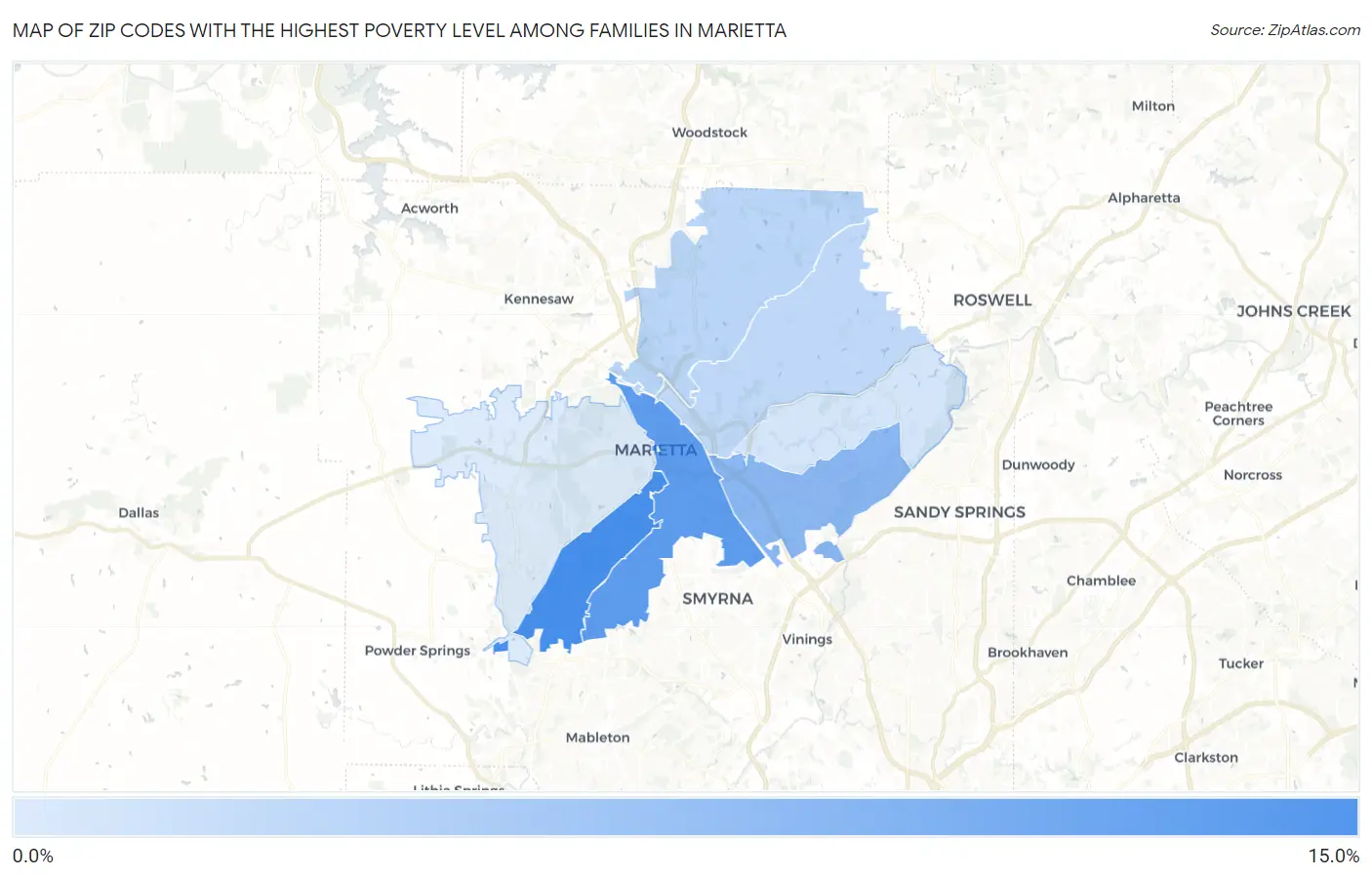 Zip Codes with the Highest Poverty Level Among Families in Marietta Map