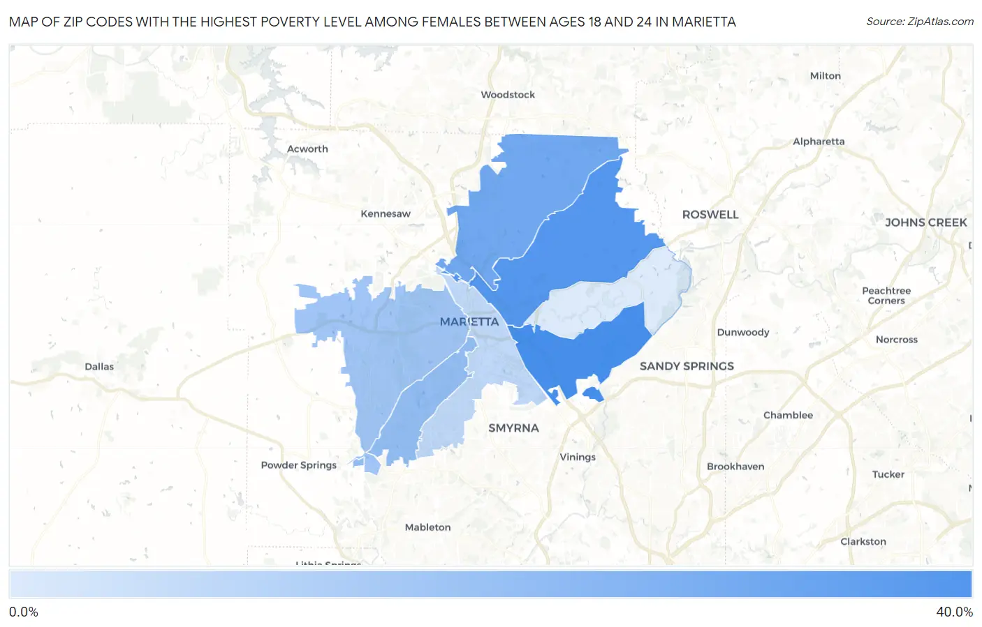 Zip Codes with the Highest Poverty Level Among Females Between Ages 18 and 24 in Marietta Map