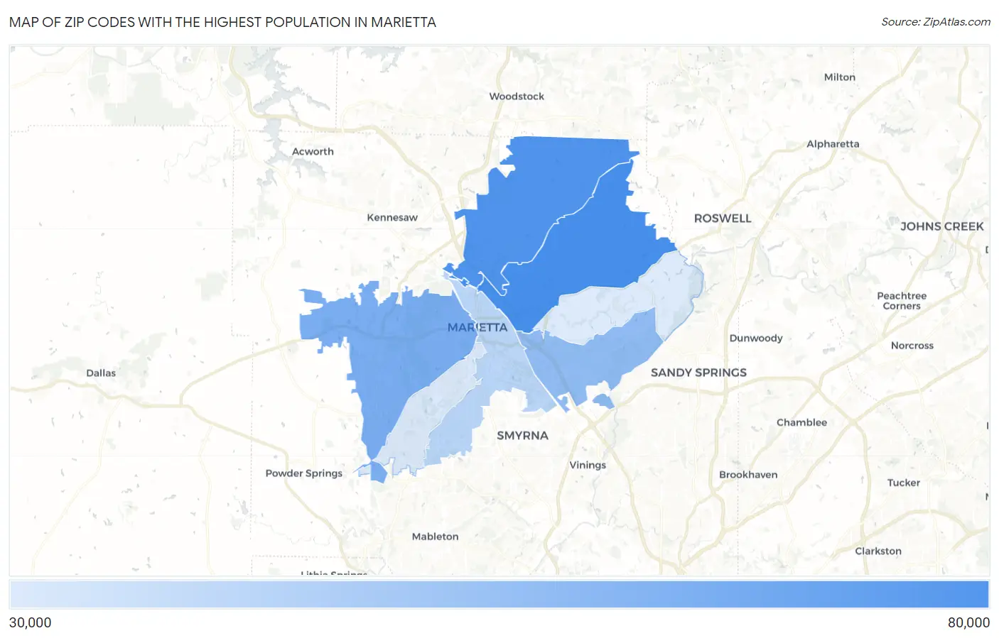 Zip Codes with the Highest Population in Marietta Map
