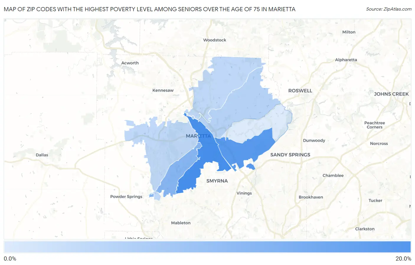 Zip Codes with the Highest Poverty Level Among Seniors Over the Age of 75 in Marietta Map