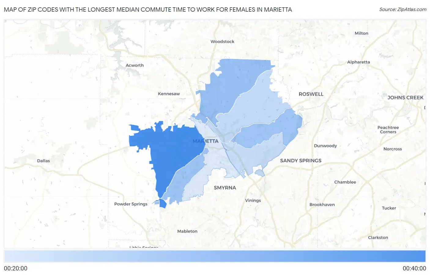 Zip Codes with the Longest Median Commute Time to Work for Females in Marietta Map