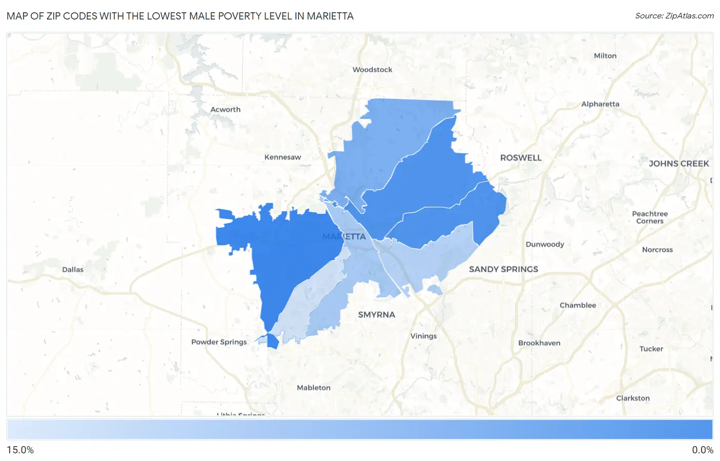 Zip Codes with the Lowest Male Poverty Level in Marietta Map