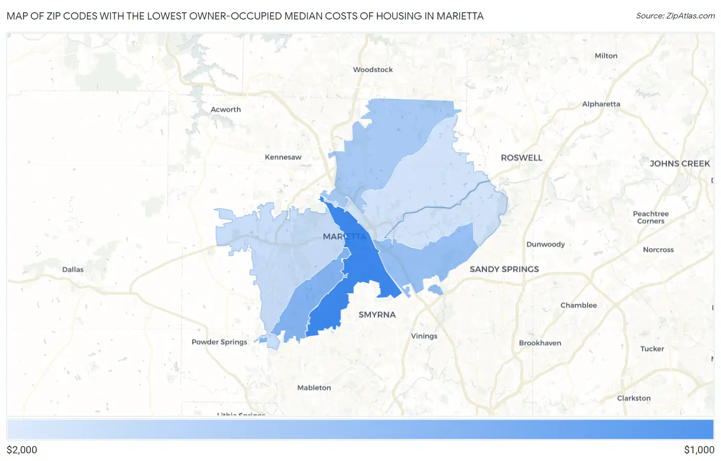 Zip Codes with the Lowest Owner-Occupied Median Costs of Housing in Marietta Map