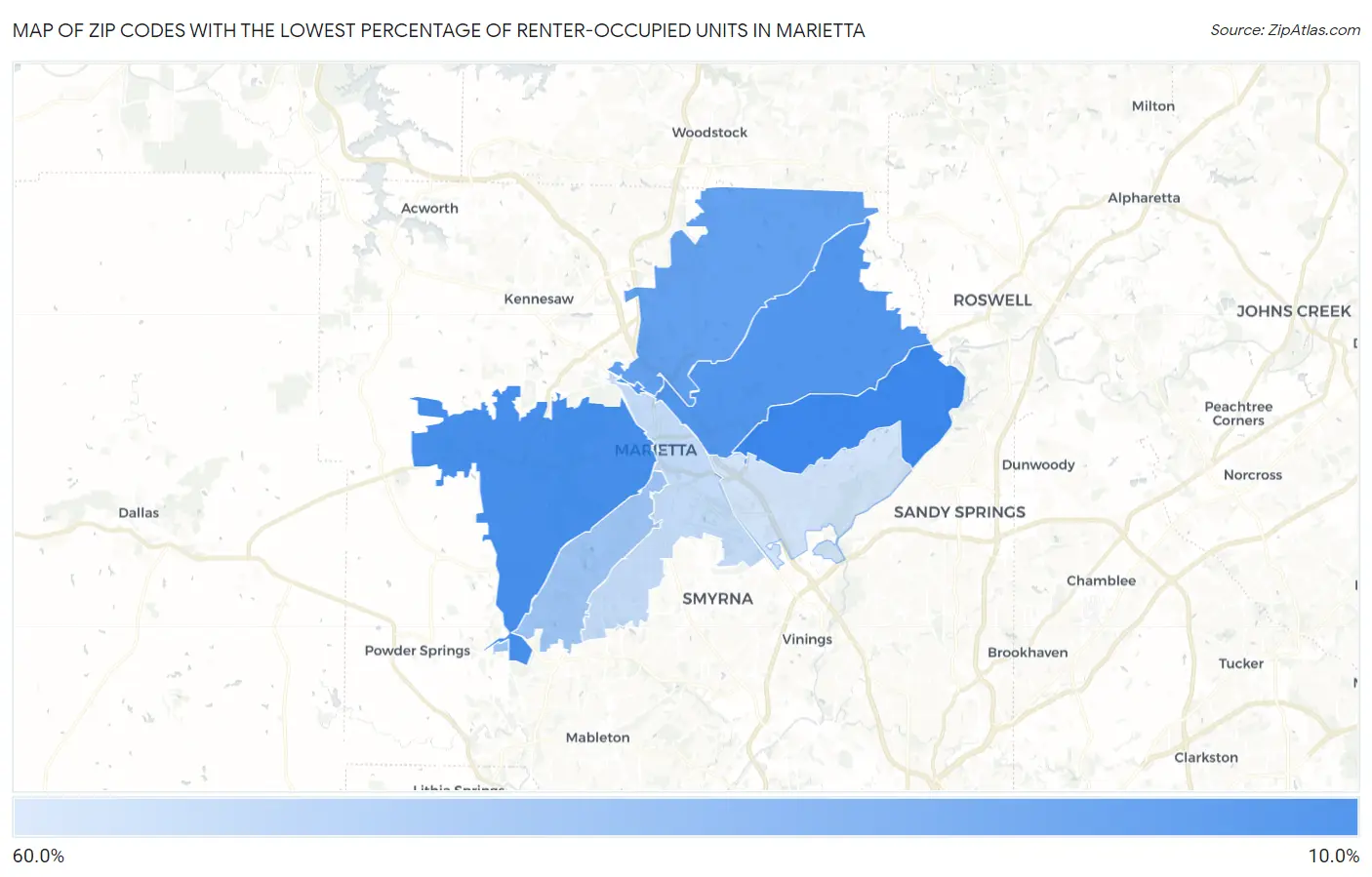 Zip Codes with the Lowest Percentage of Renter-Occupied Units in Marietta Map