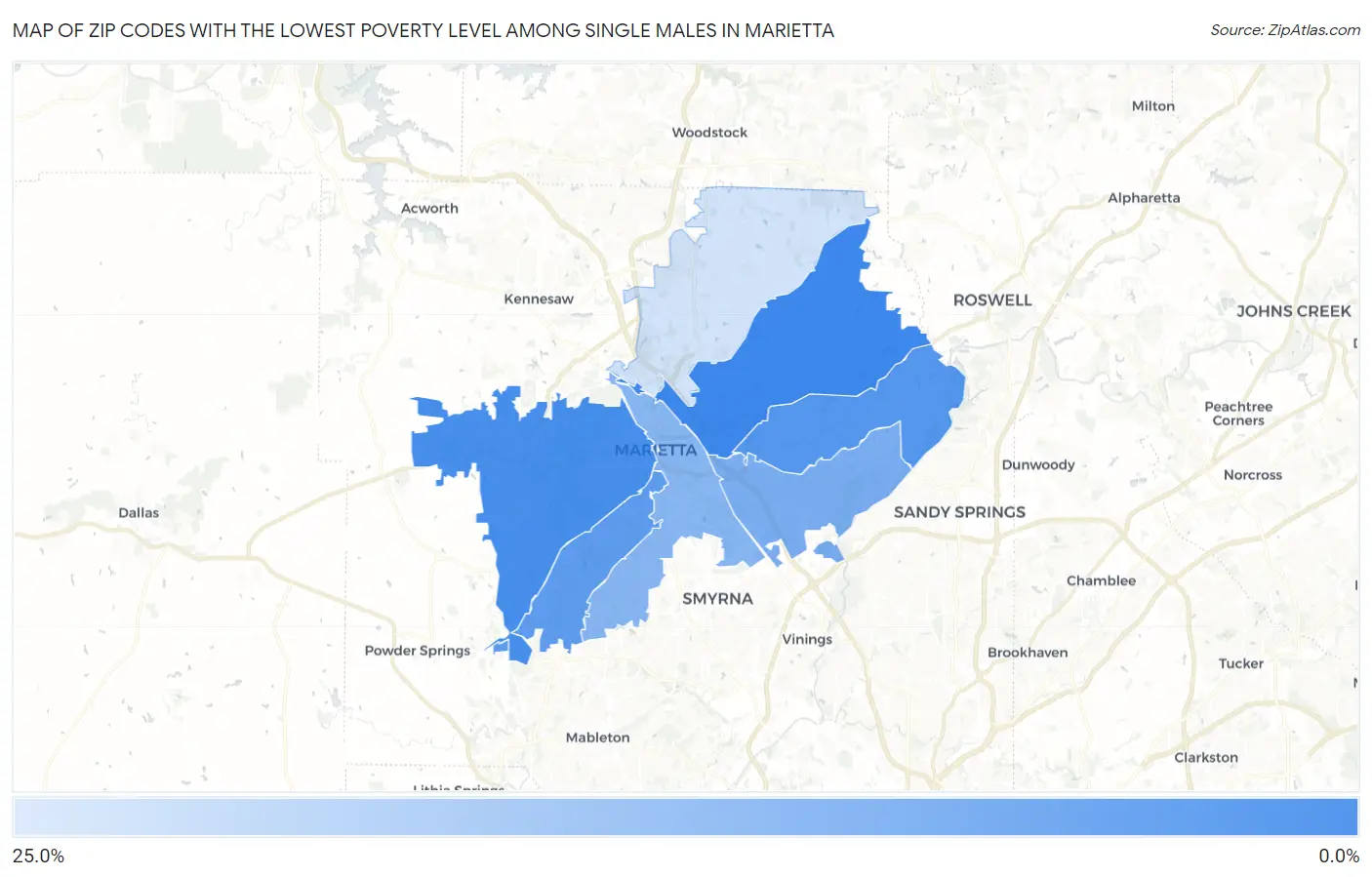 Zip Codes with the Lowest Poverty Level Among Single Males in Marietta Map