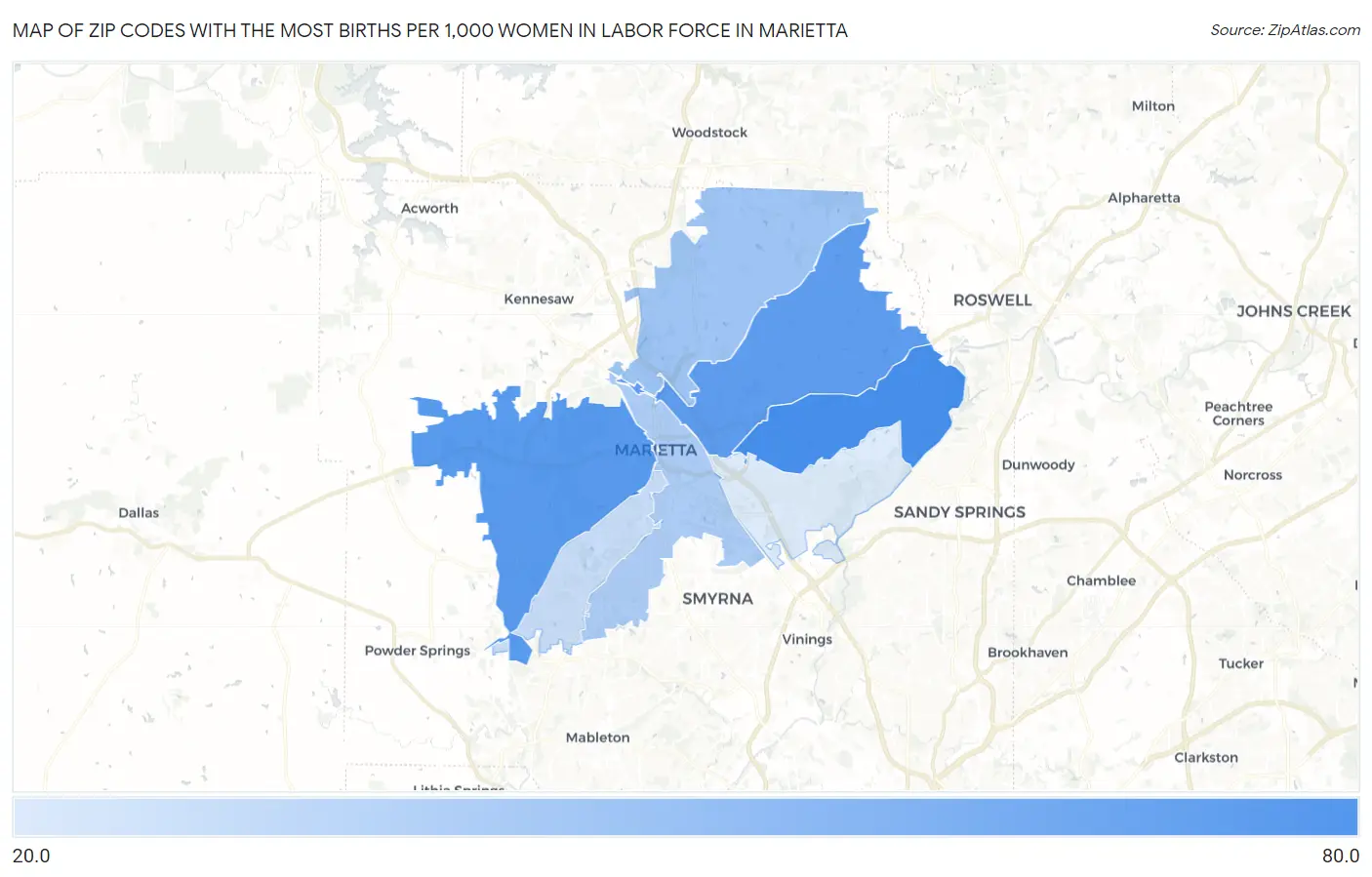 Zip Codes with the Most Births per 1,000 Women in Labor Force in Marietta Map