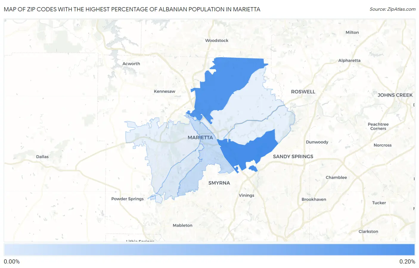 Zip Codes with the Highest Percentage of Albanian Population in Marietta Map