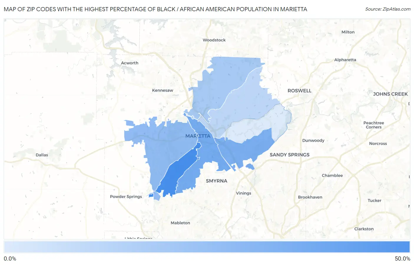 Zip Codes with the Highest Percentage of Black / African American Population in Marietta Map