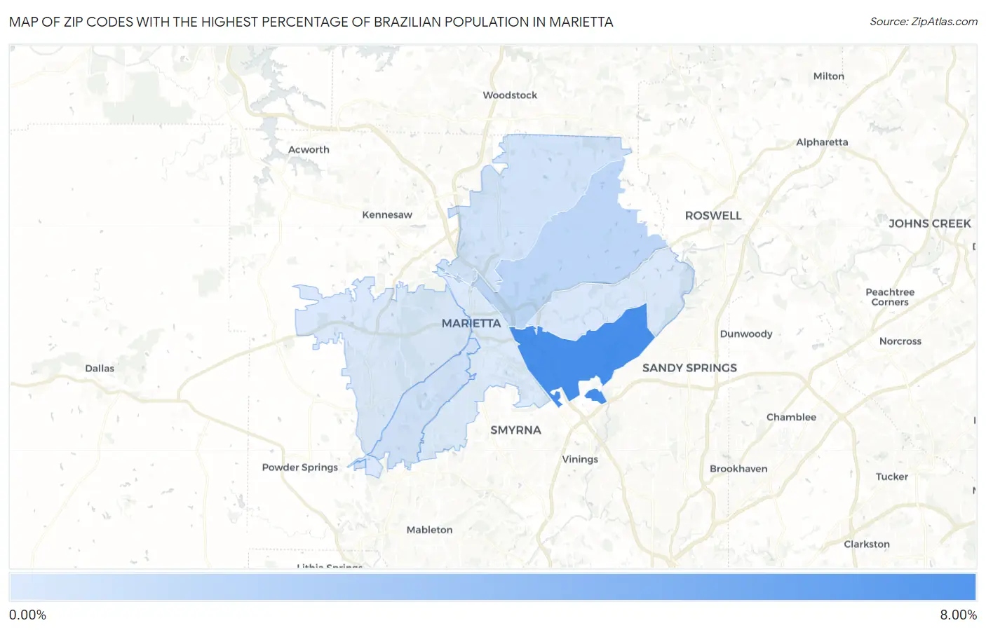 Zip Codes with the Highest Percentage of Brazilian Population in Marietta Map