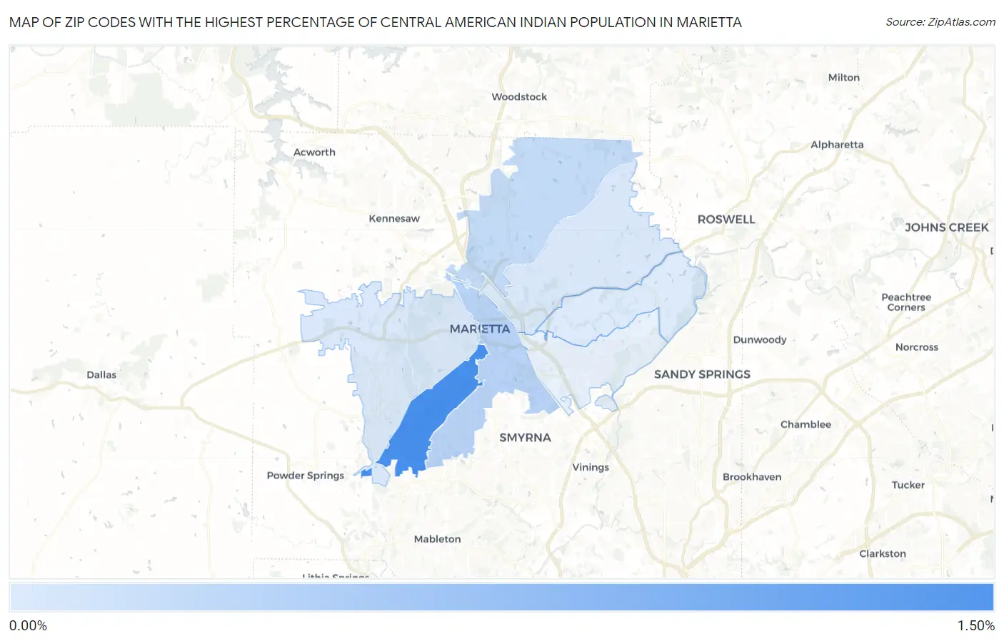 Zip Codes with the Highest Percentage of Central American Indian Population in Marietta Map
