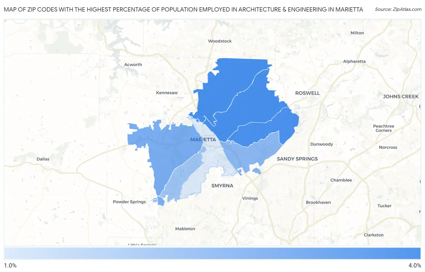 Zip Codes with the Highest Percentage of Population Employed in Architecture & Engineering in Marietta Map