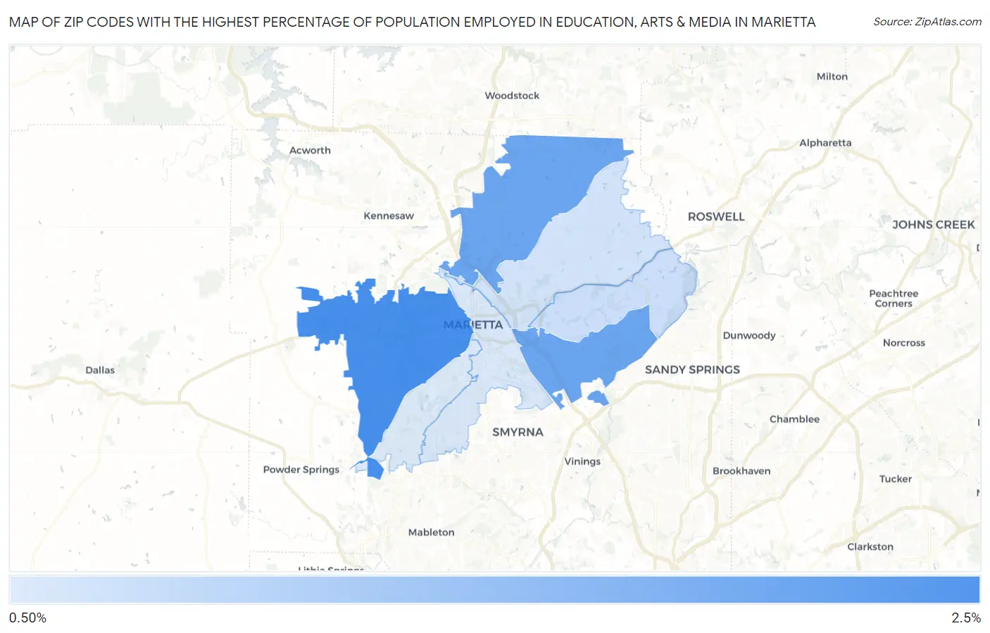 Zip Codes with the Highest Percentage of Population Employed in Education, Arts & Media in Marietta Map