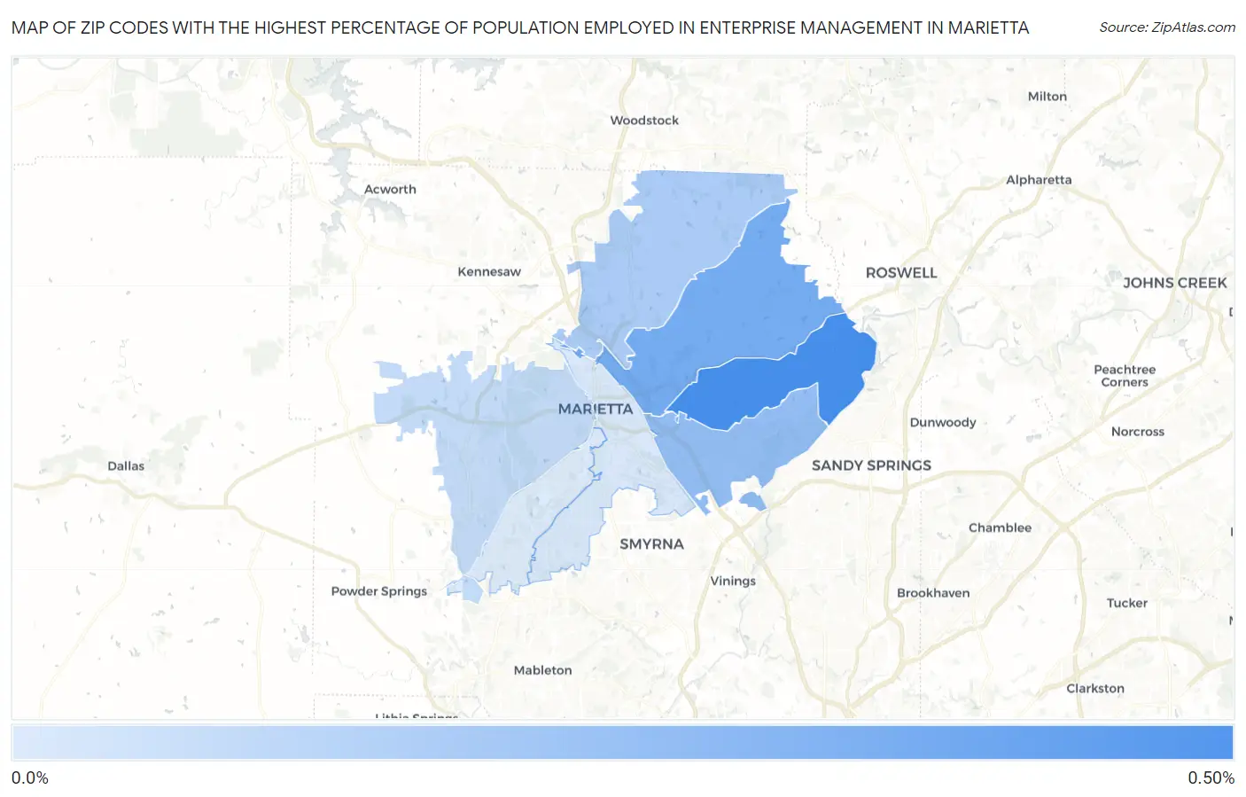 Zip Codes with the Highest Percentage of Population Employed in Enterprise Management in Marietta Map