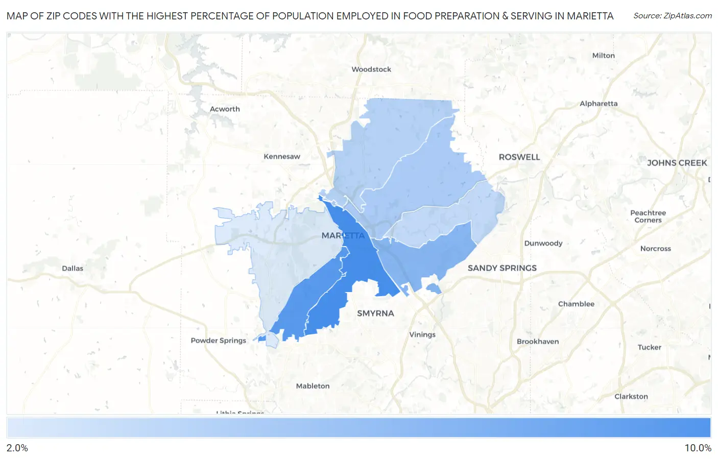 Zip Codes with the Highest Percentage of Population Employed in Food Preparation & Serving in Marietta Map