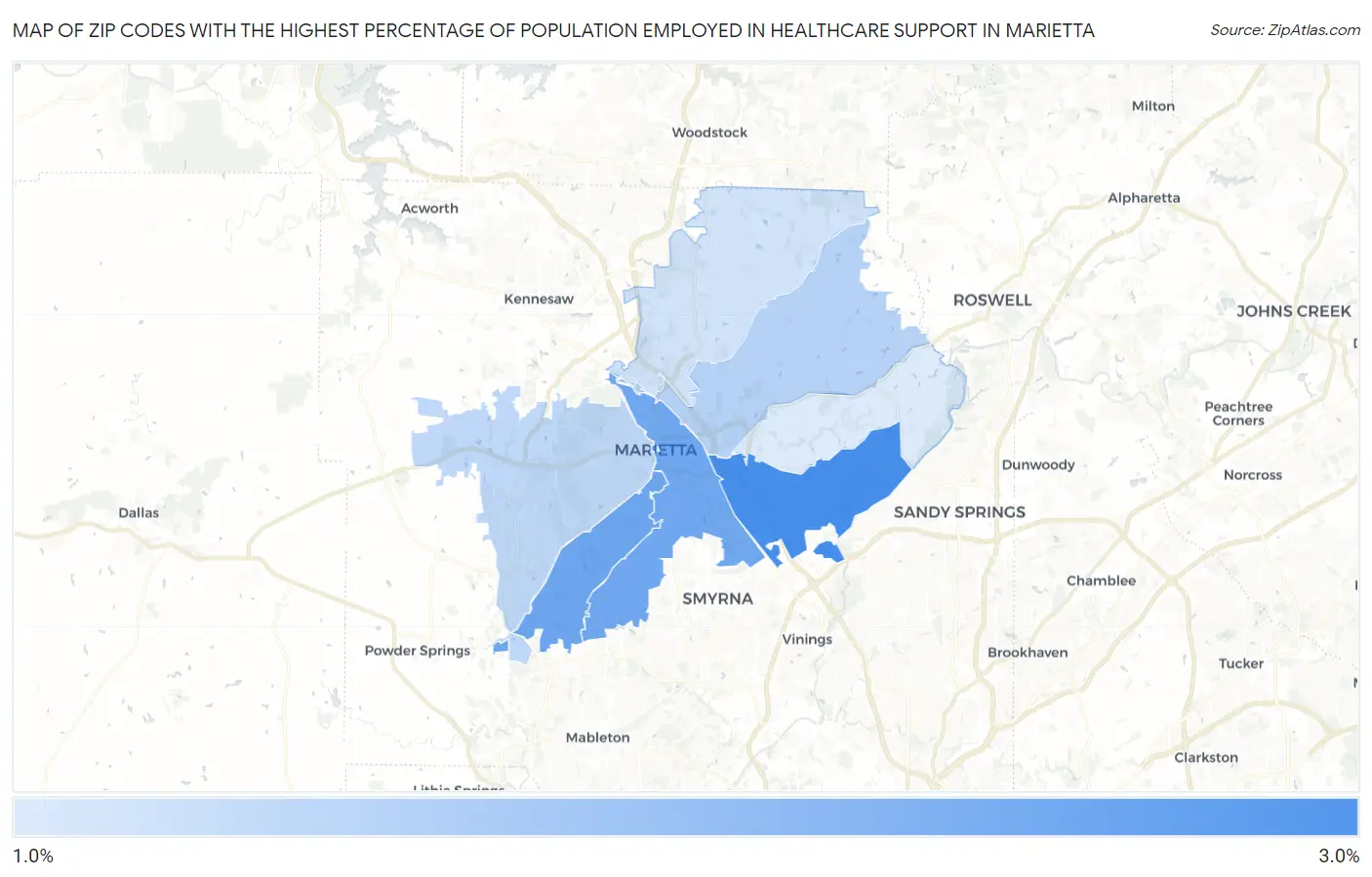 Zip Codes with the Highest Percentage of Population Employed in Healthcare Support in Marietta Map