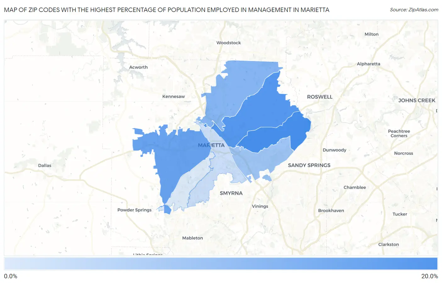 Zip Codes with the Highest Percentage of Population Employed in Management in Marietta Map