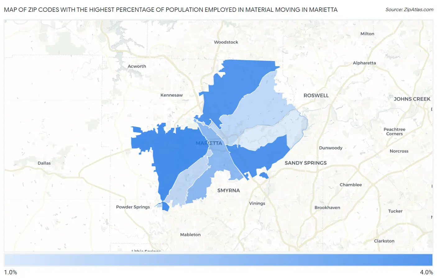 Zip Codes with the Highest Percentage of Population Employed in Material Moving in Marietta Map