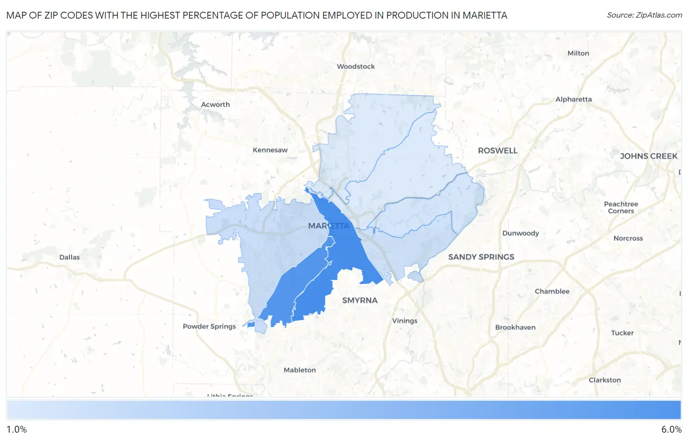 Zip Codes with the Highest Percentage of Population Employed in Production in Marietta Map