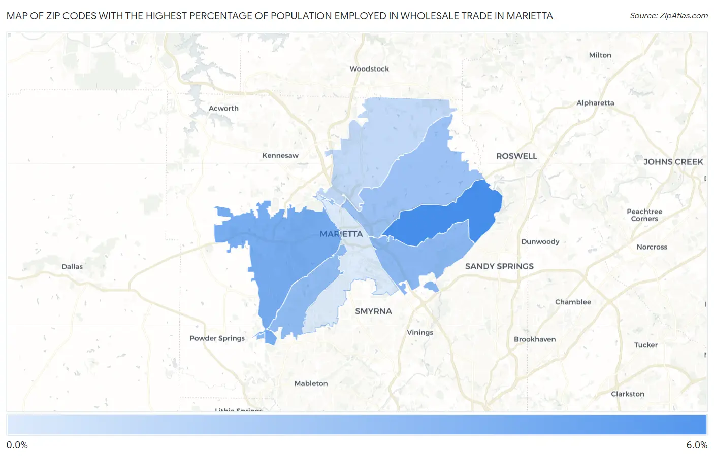 Zip Codes with the Highest Percentage of Population Employed in Wholesale Trade in Marietta Map