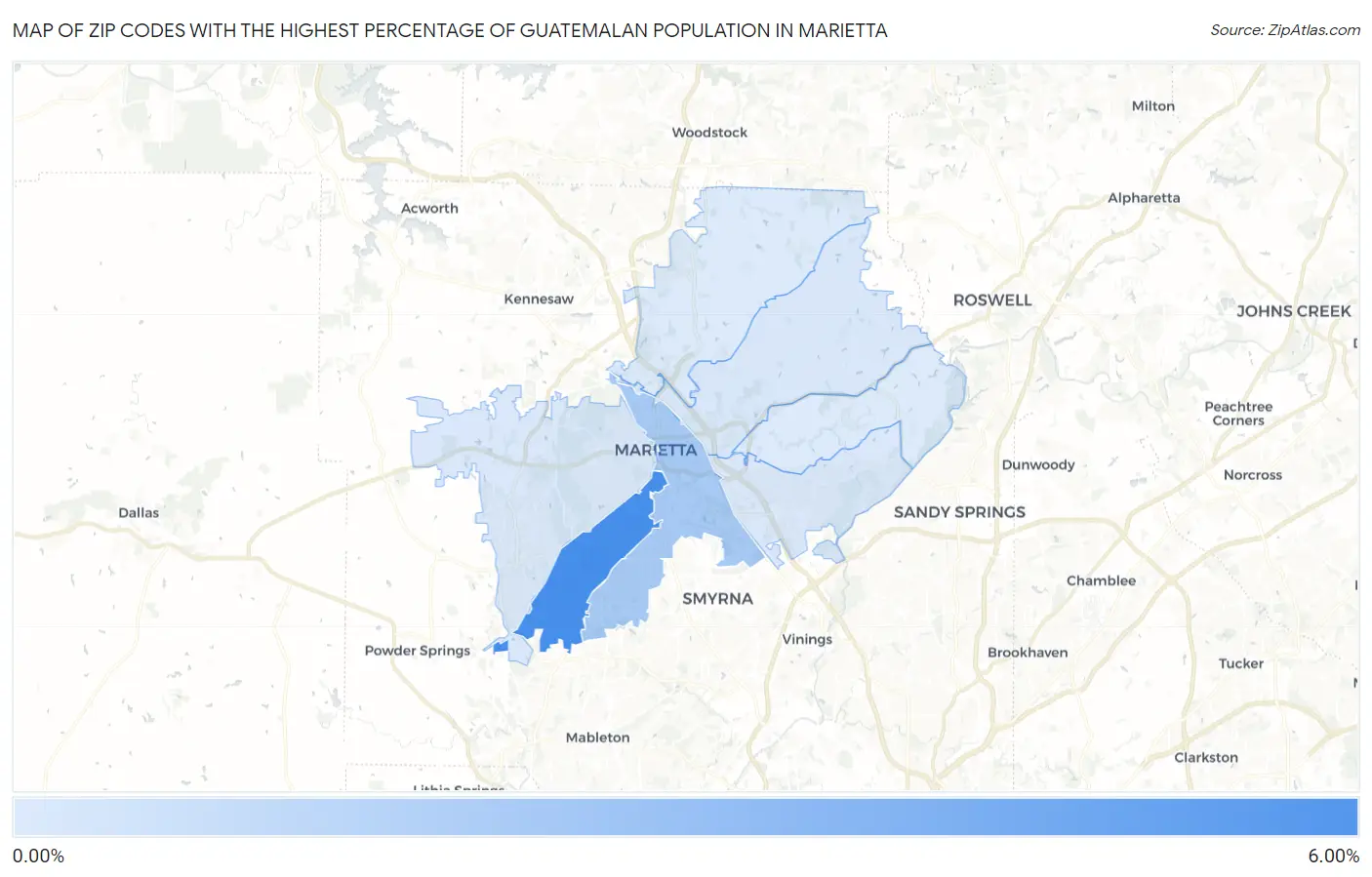 Zip Codes with the Highest Percentage of Guatemalan Population in Marietta Map
