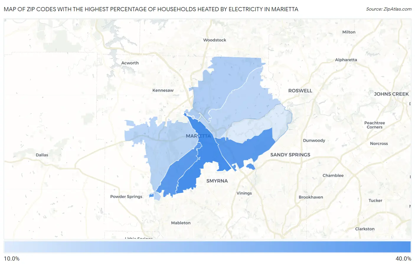 Zip Codes with the Highest Percentage of Households Heated by Electricity in Marietta Map