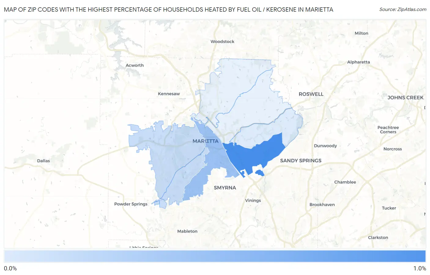 Zip Codes with the Highest Percentage of Households Heated by Fuel Oil / Kerosene in Marietta Map