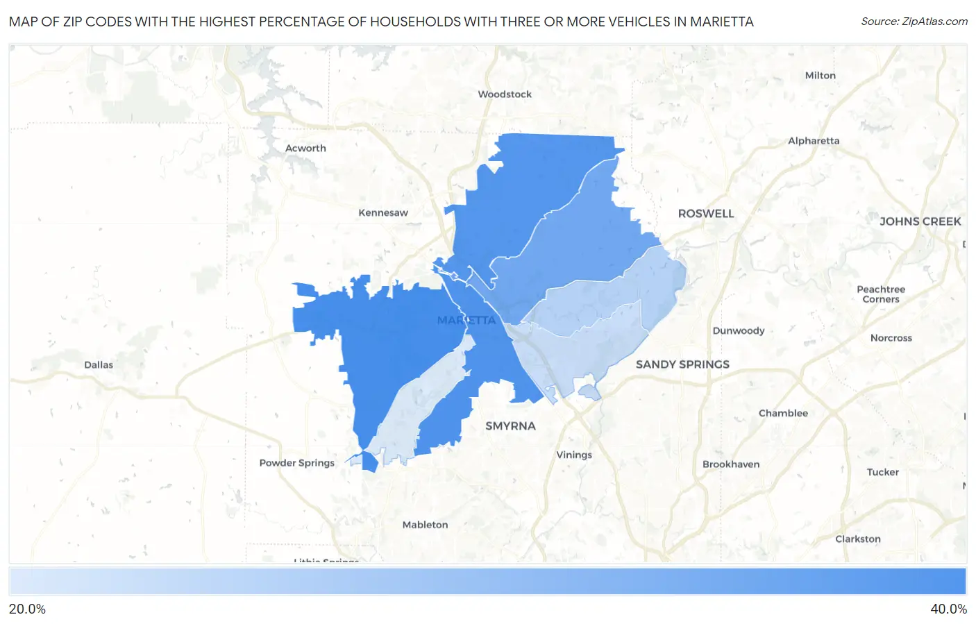 Zip Codes with the Highest Percentage of Households With Three or more Vehicles in Marietta Map