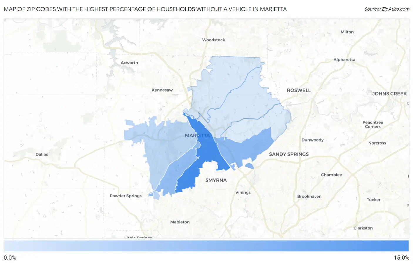 Zip Codes with the Highest Percentage of Households Without a Vehicle in Marietta Map