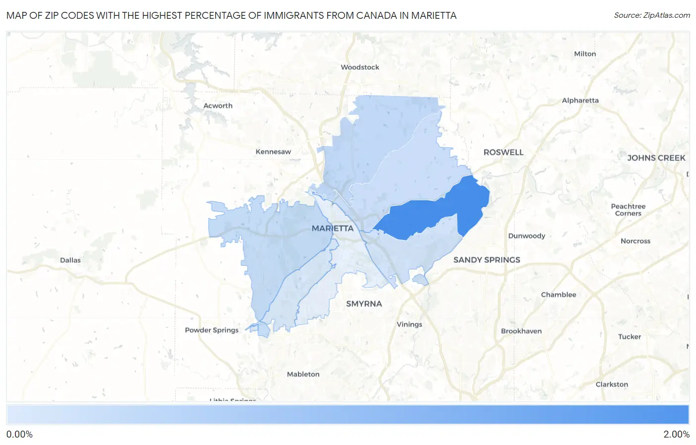 Zip Codes with the Highest Percentage of Immigrants from Canada in Marietta Map