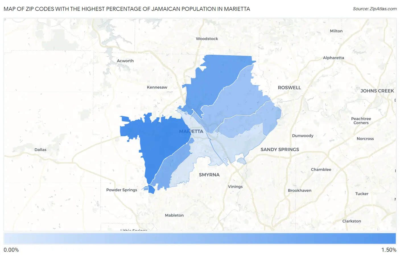Zip Codes with the Highest Percentage of Jamaican Population in Marietta Map