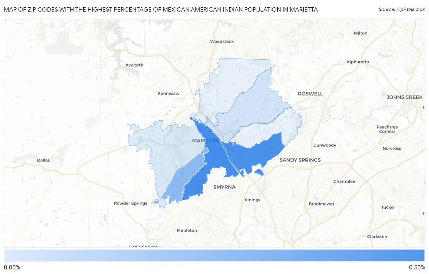 Zip Codes with the Highest Percentage of Mexican American Indian Population in Marietta Map