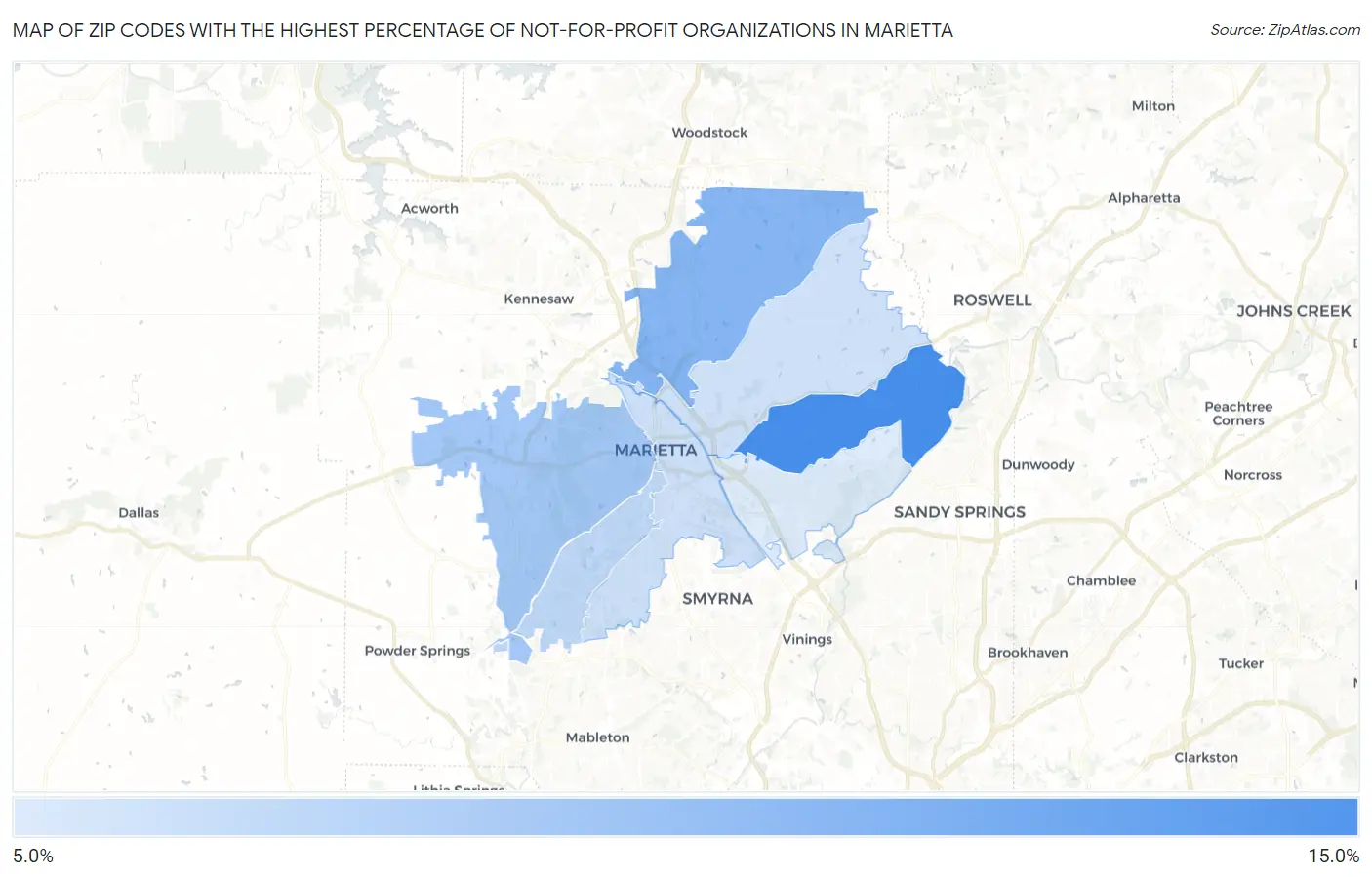 Zip Codes with the Highest Percentage of Not-for-profit Organizations in Marietta Map