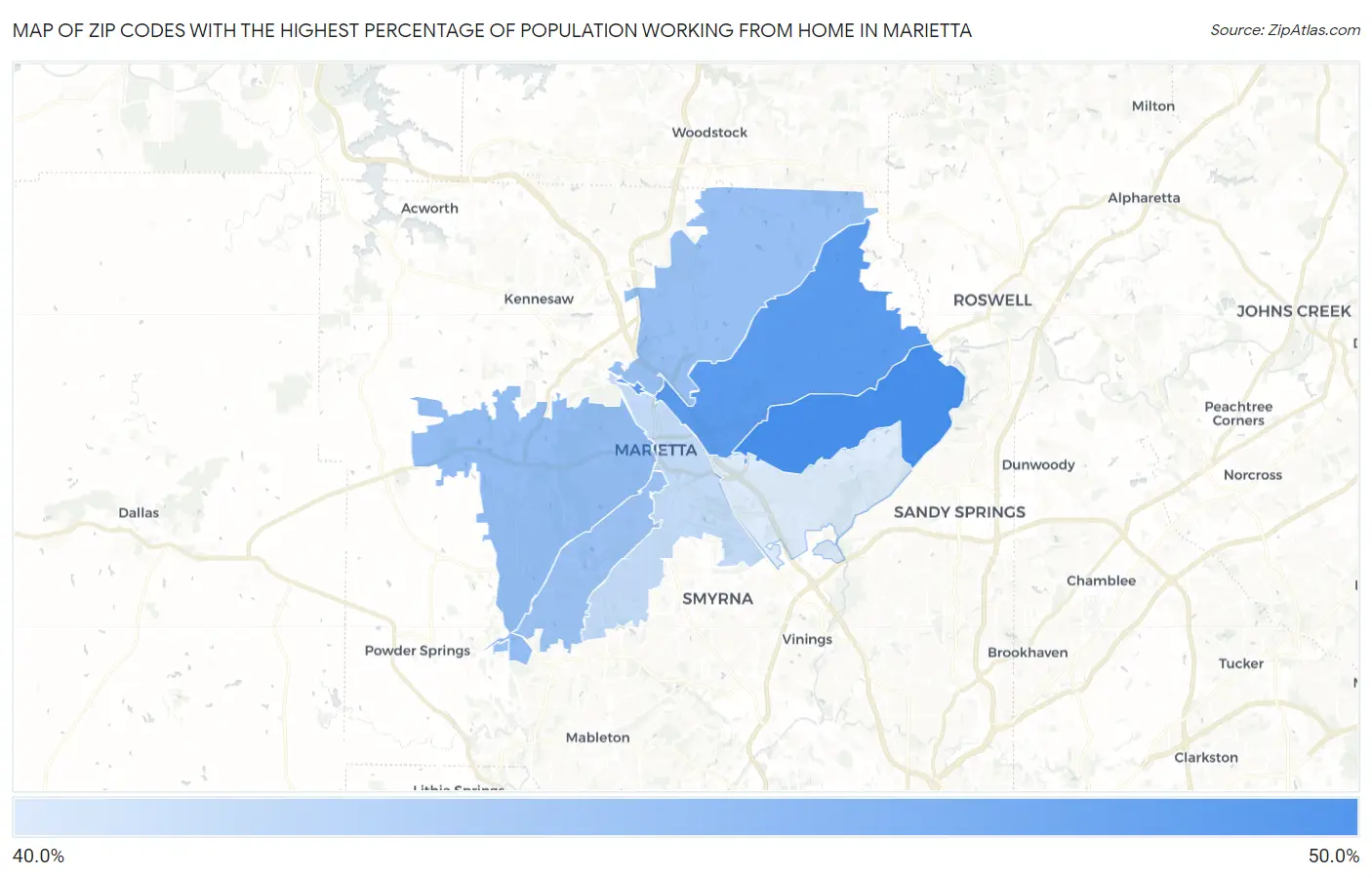 Zip Codes with the Highest Percentage of Population Working from Home in Marietta Map