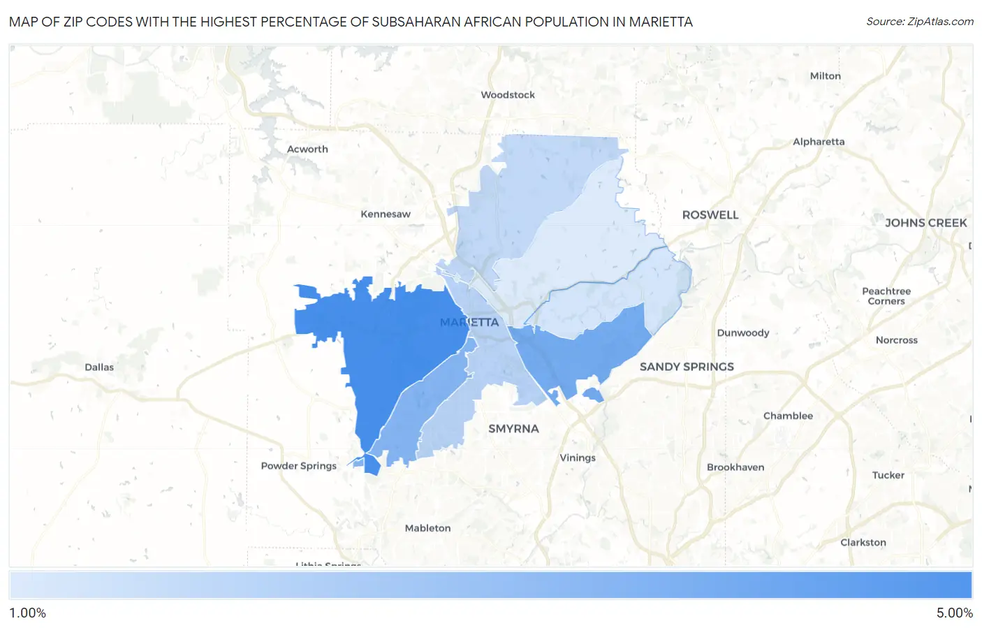 Zip Codes with the Highest Percentage of Subsaharan African Population in Marietta Map