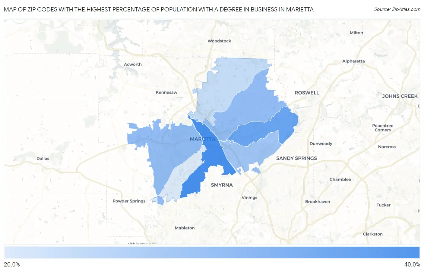 Zip Codes with the Highest Percentage of Population with a Degree in Business in Marietta Map