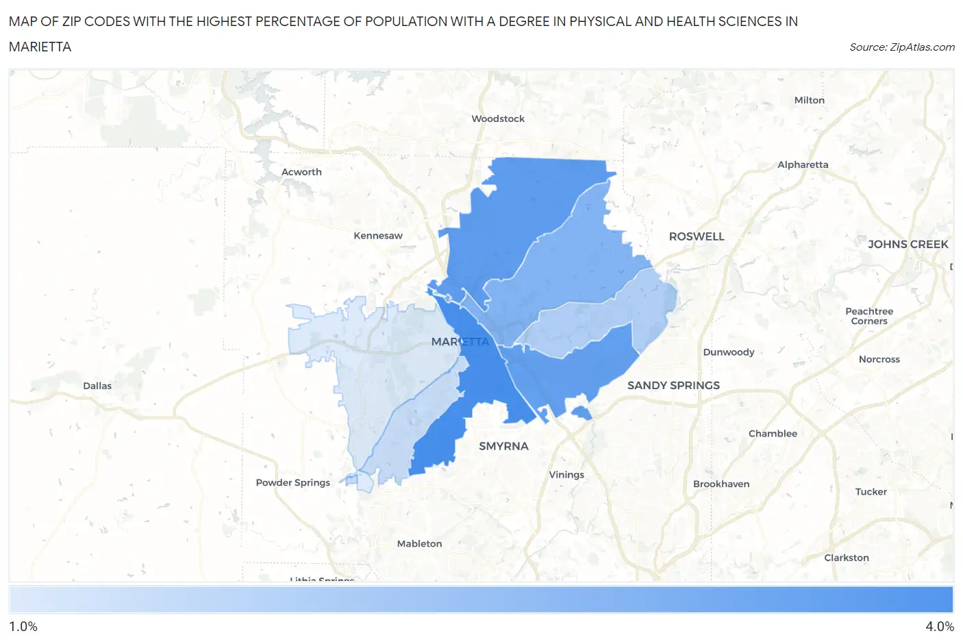 Zip Codes with the Highest Percentage of Population with a Degree in Physical and Health Sciences in Marietta Map