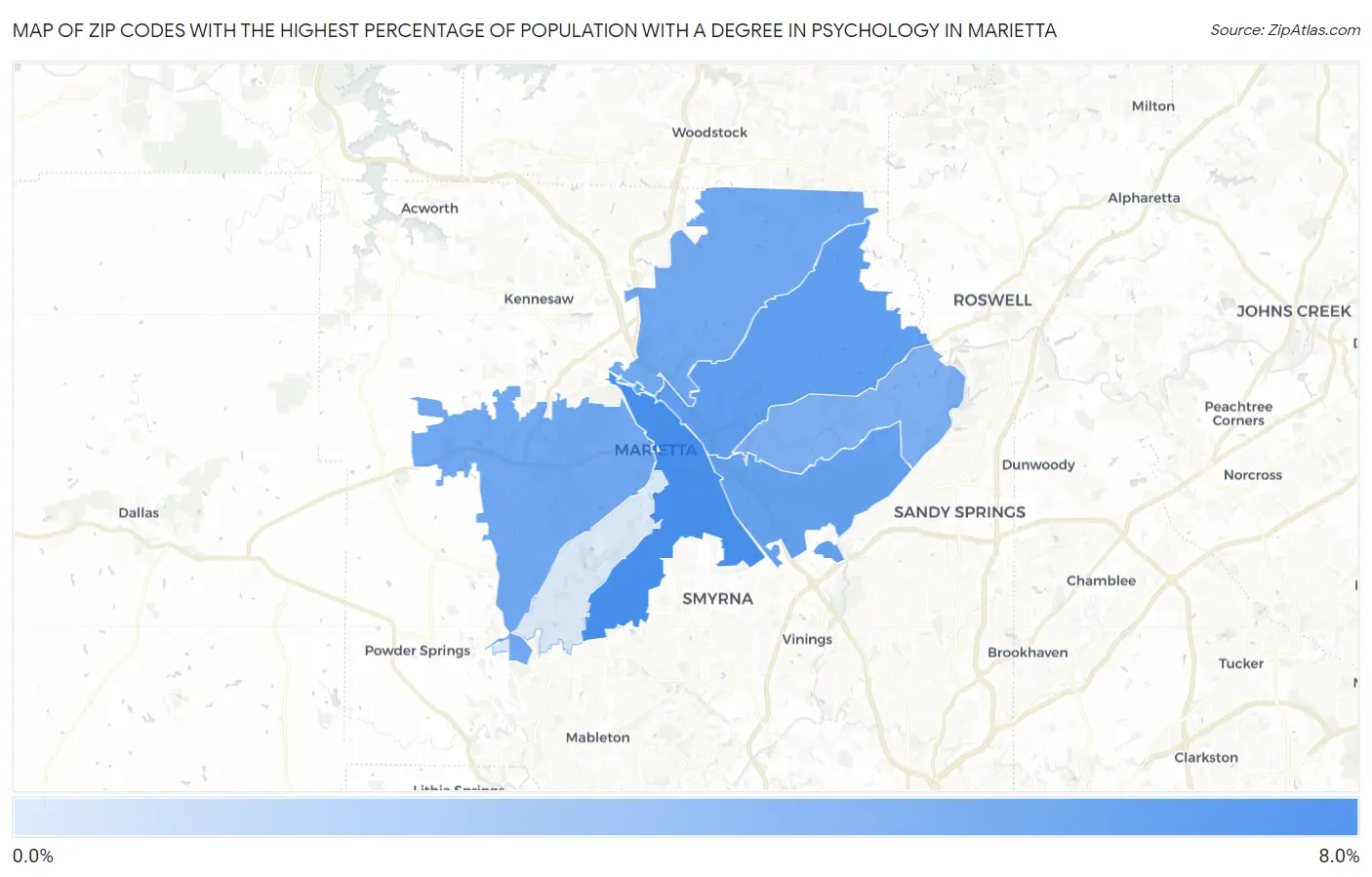 Zip Codes with the Highest Percentage of Population with a Degree in Psychology in Marietta Map