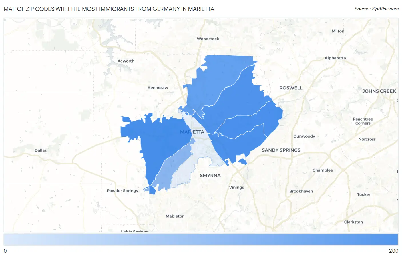 Zip Codes with the Most Immigrants from Germany in Marietta Map