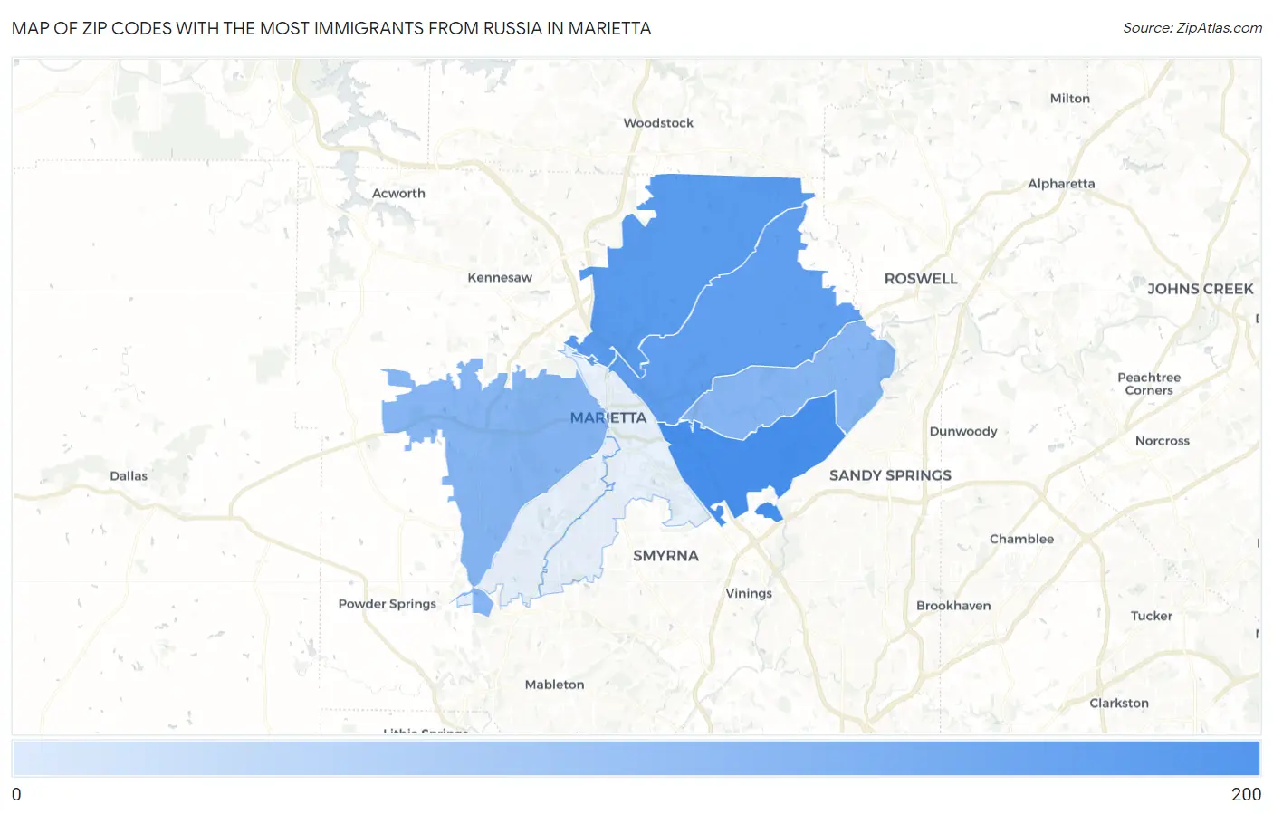 Zip Codes with the Most Immigrants from Russia in Marietta Map