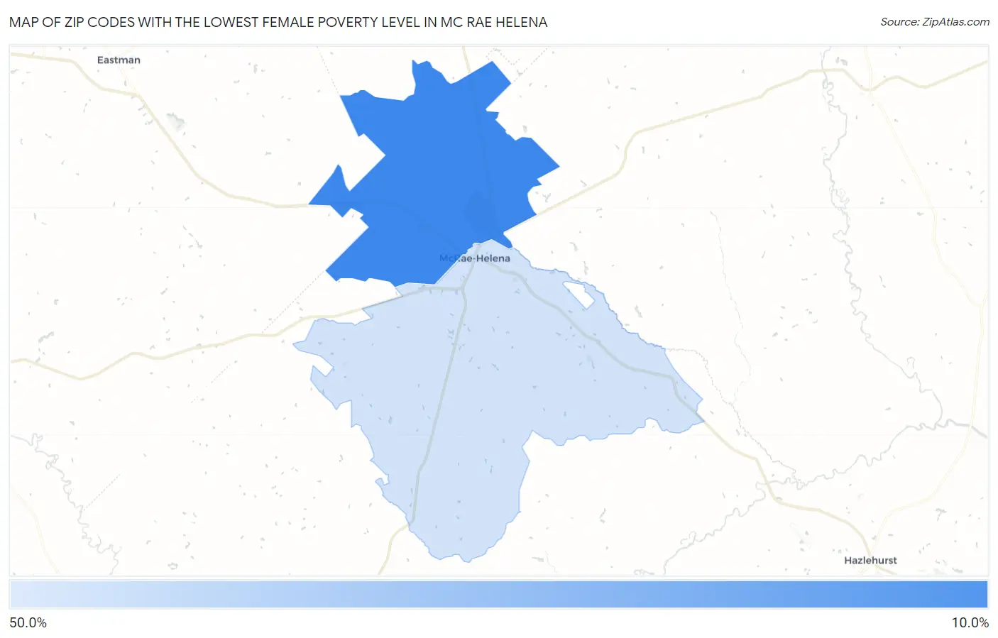 Zip Codes with the Lowest Female Poverty Level in Mc Rae Helena Map
